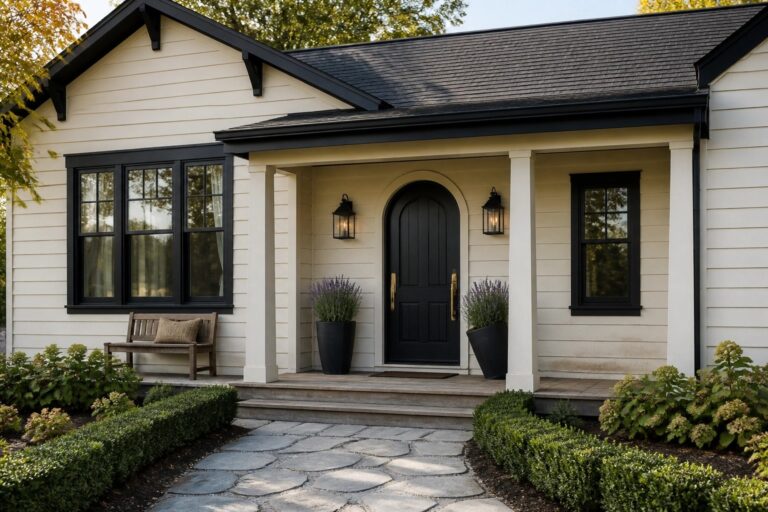 23 Black Trim Modern Farmhouse Exterior Colors for Crisp Definition Creamy white siding on a modern farmhouse with black trim and windows.