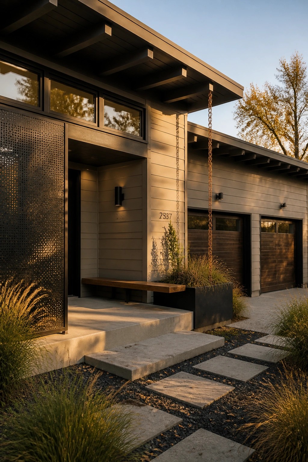 Modern farmhouse exterior with light greige siding and black trim.