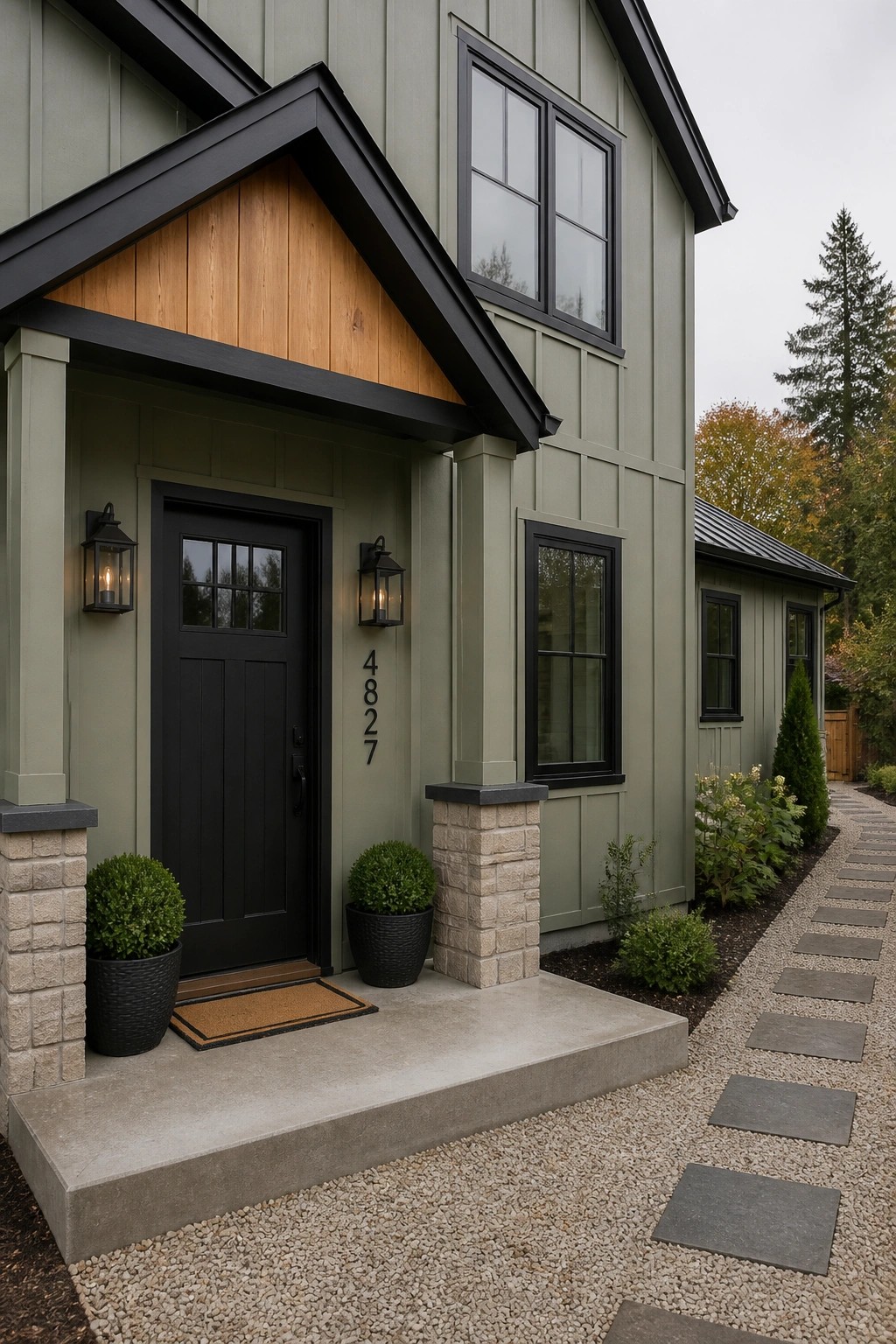 A modern farmhouse exterior with soft sage green siding and black trim.