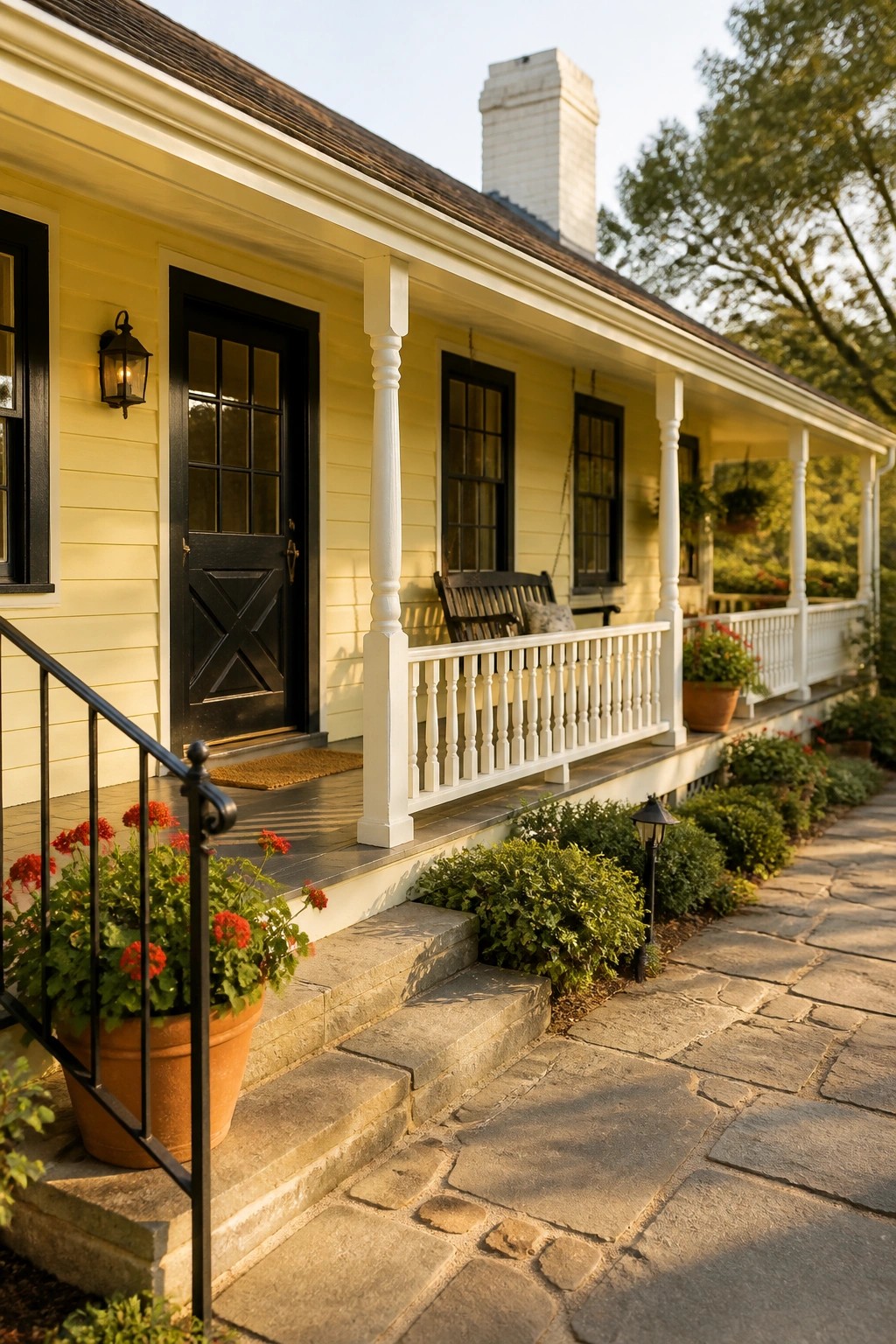 A pale yellow farmhouse exterior with black trim and a white porch.