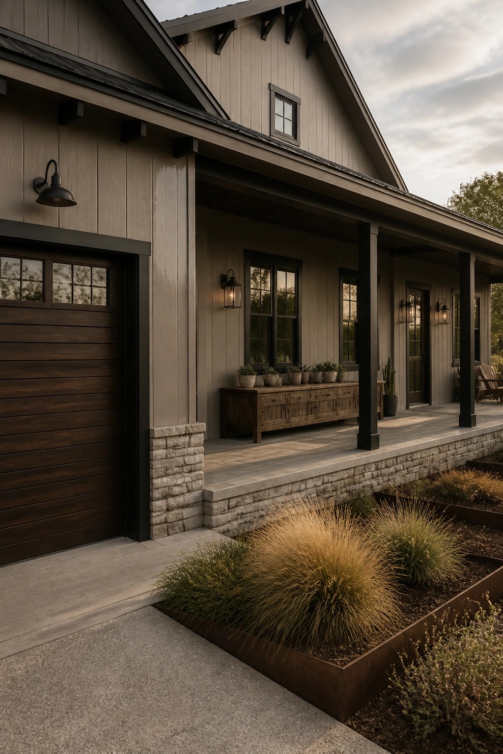 Modern farmhouse exterior with warm greige siding and black trim.