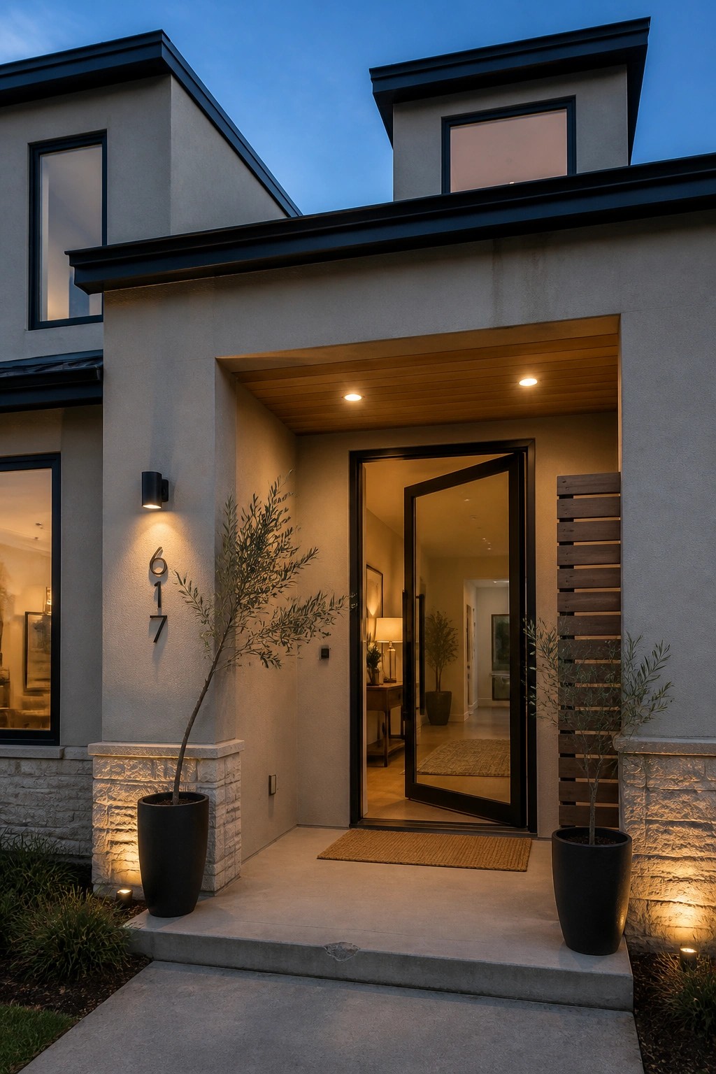 Modern farmhouse exterior with warm greige siding and black trim around the entry.