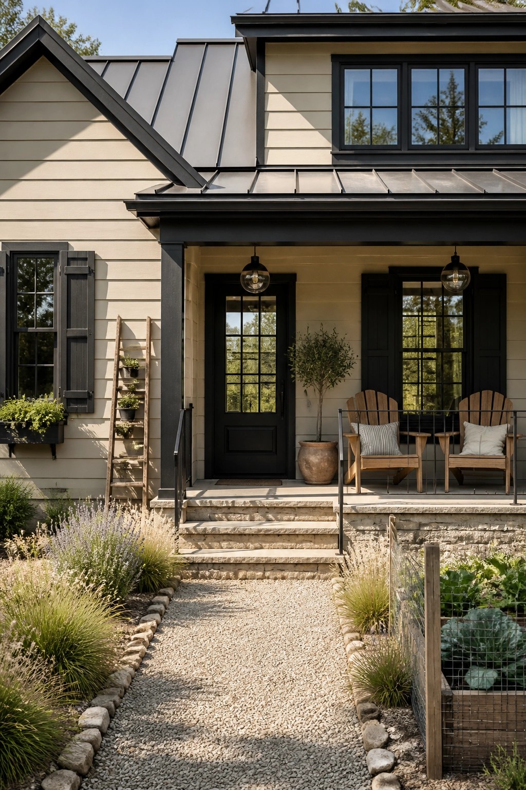 A modern farmhouse with warm greige siding and black trim.