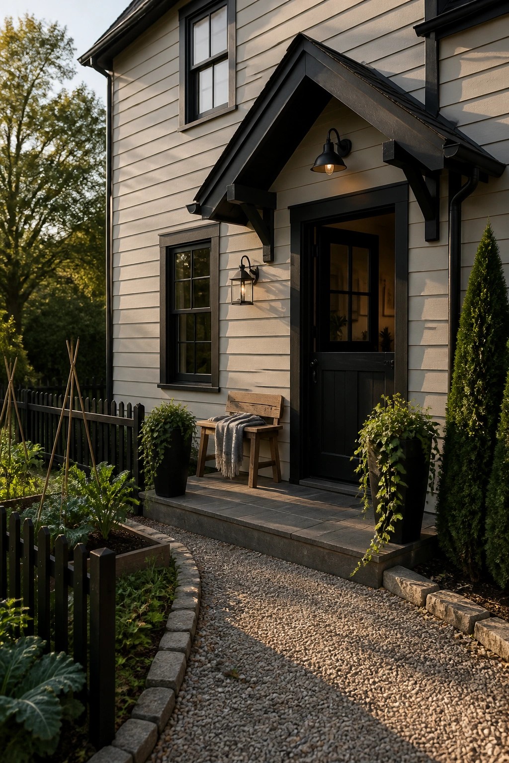 A modern farmhouse exterior with warm greige siding and black trim.
