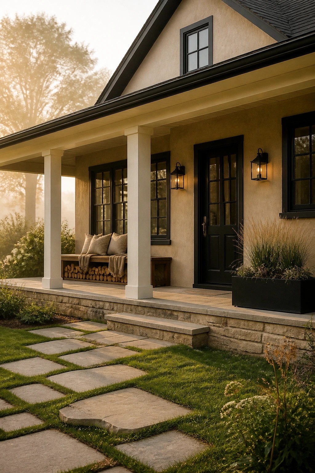 Modern farmhouse exterior with warm greige siding and black trim.