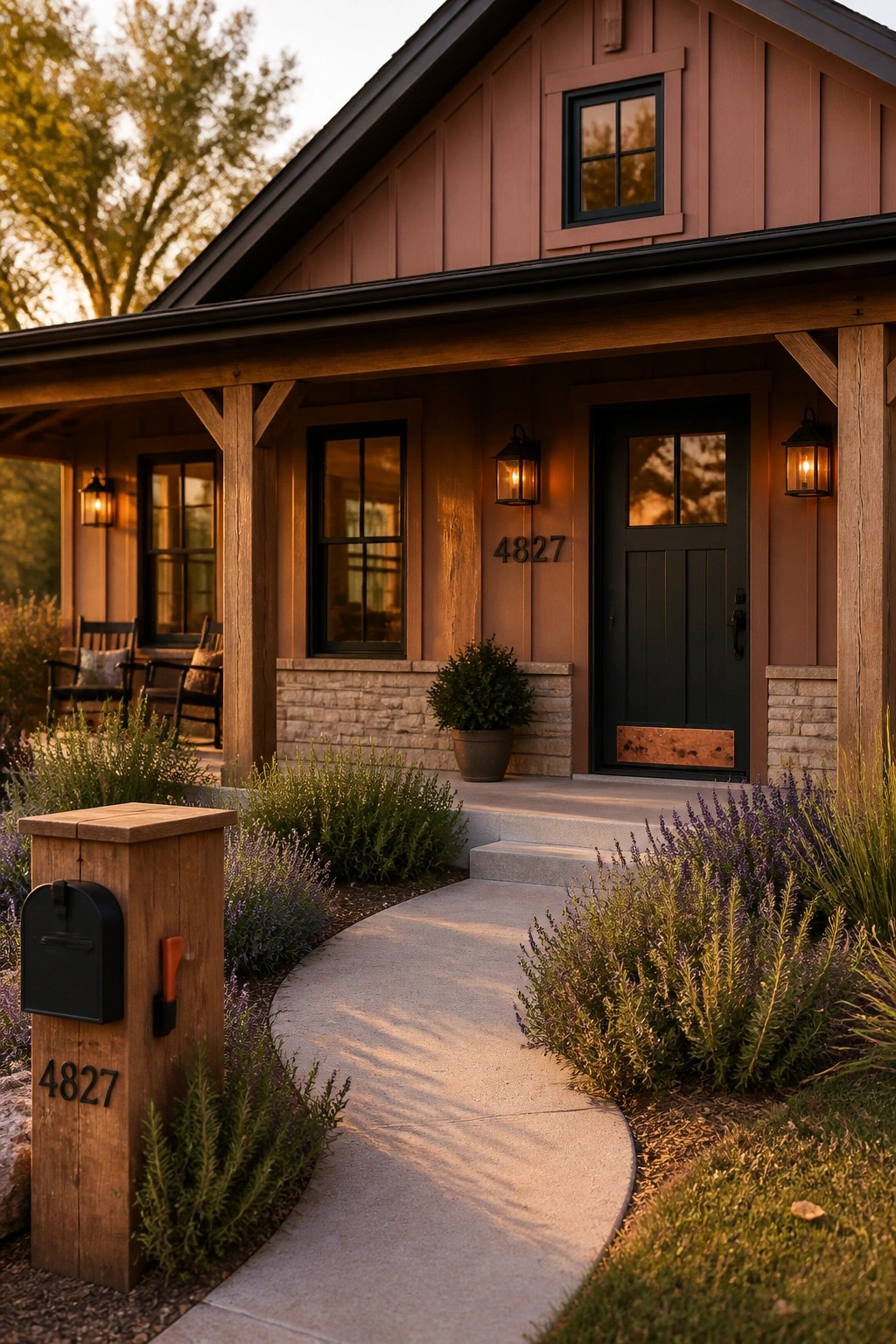 Modern farmhouse exterior with warm terracotta siding and black trim.