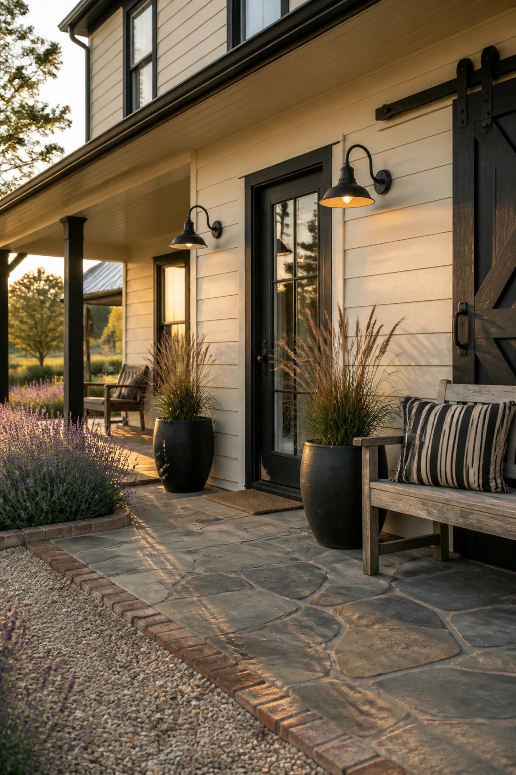 A modern farmhouse exterior with warm white siding and black trim.