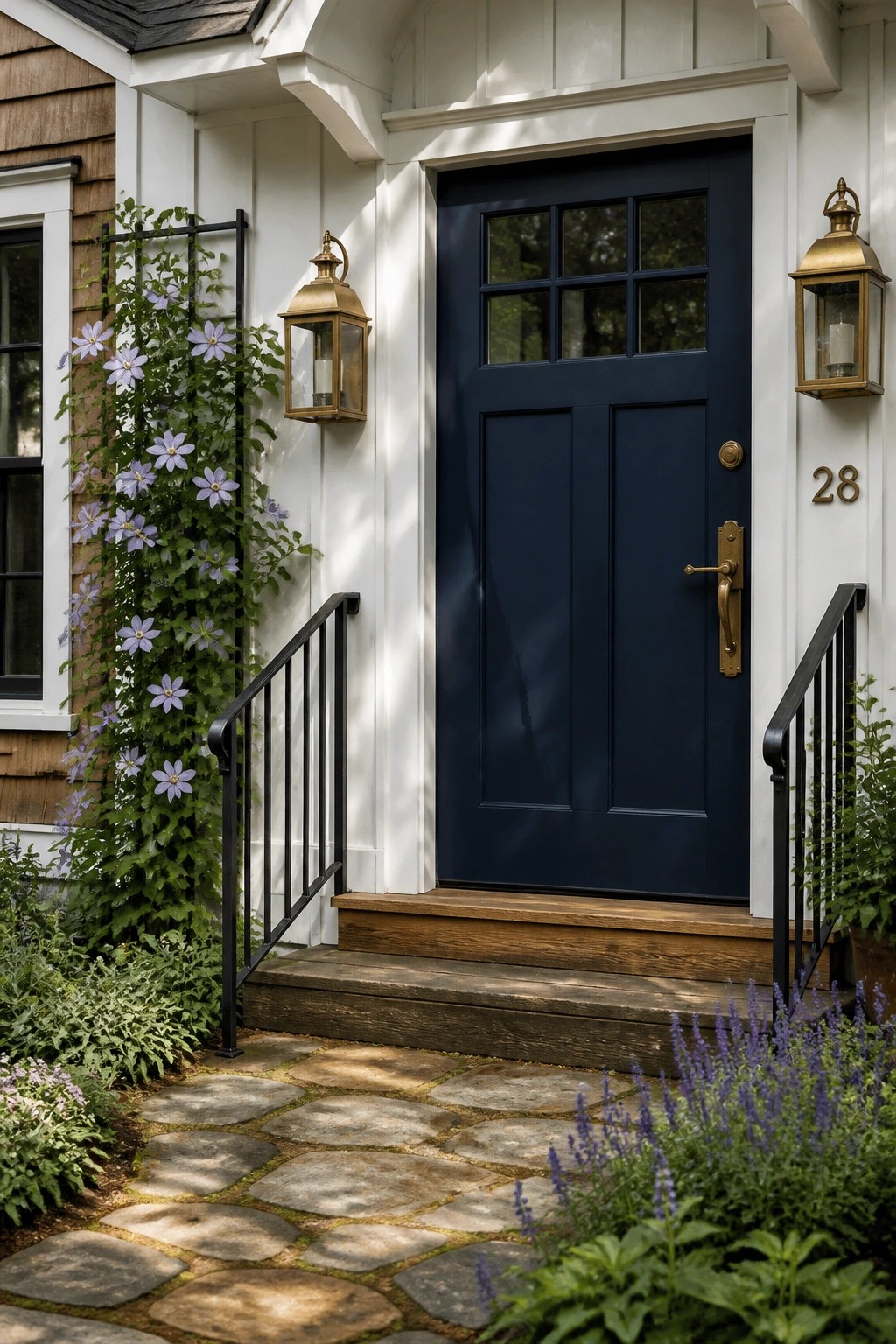 Navy blue door with brass lanterns on white house, stone path and purple flowers.