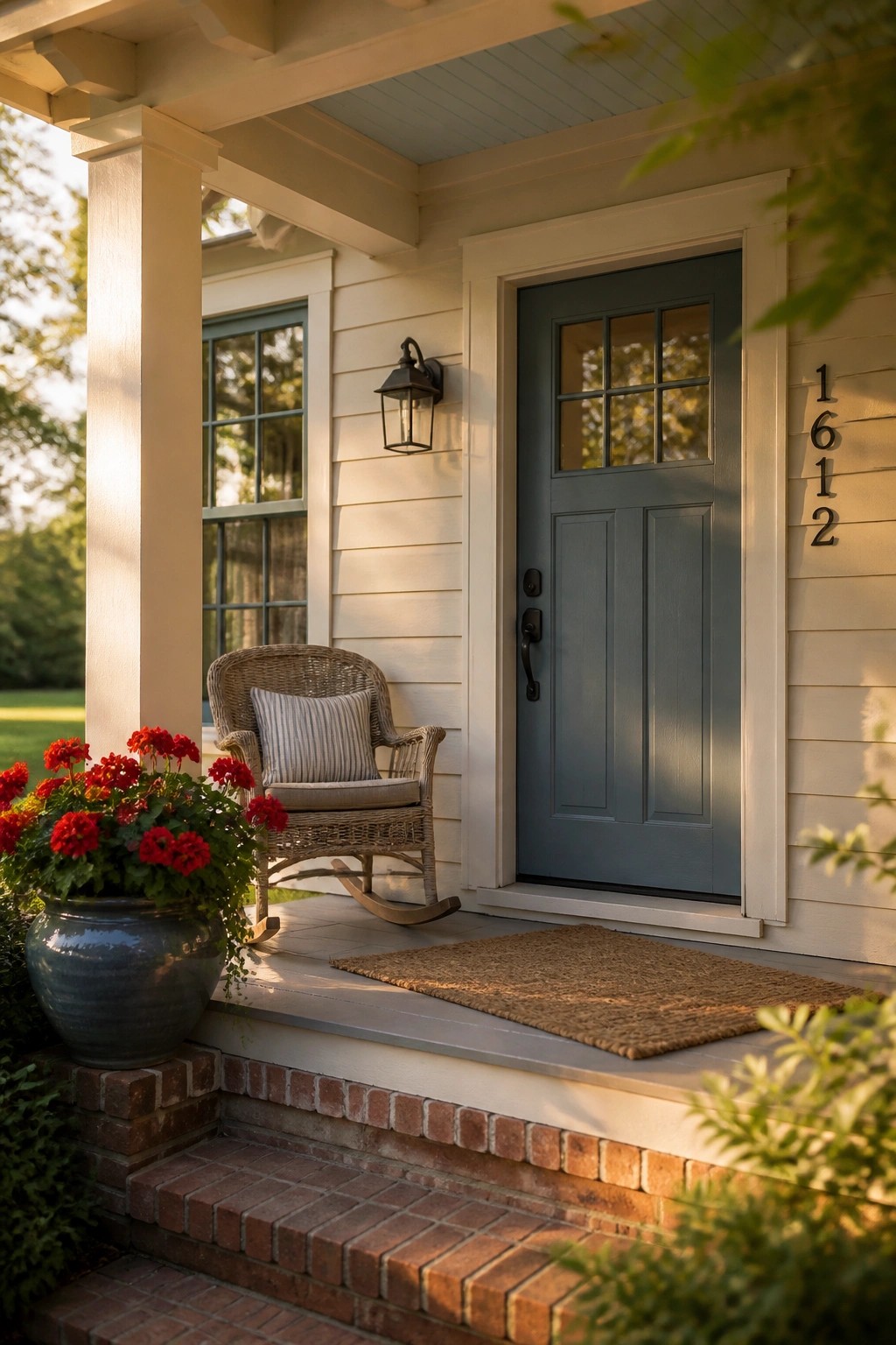 A farmhouse front door painted in a muted blue gray.