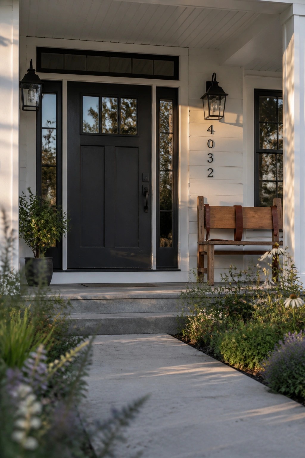 A black painted front door on a white farmhouse exterior.