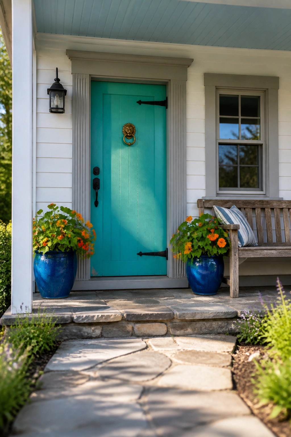 Turquoise door with lion knocker between blue pots of orange flowers on stone porch