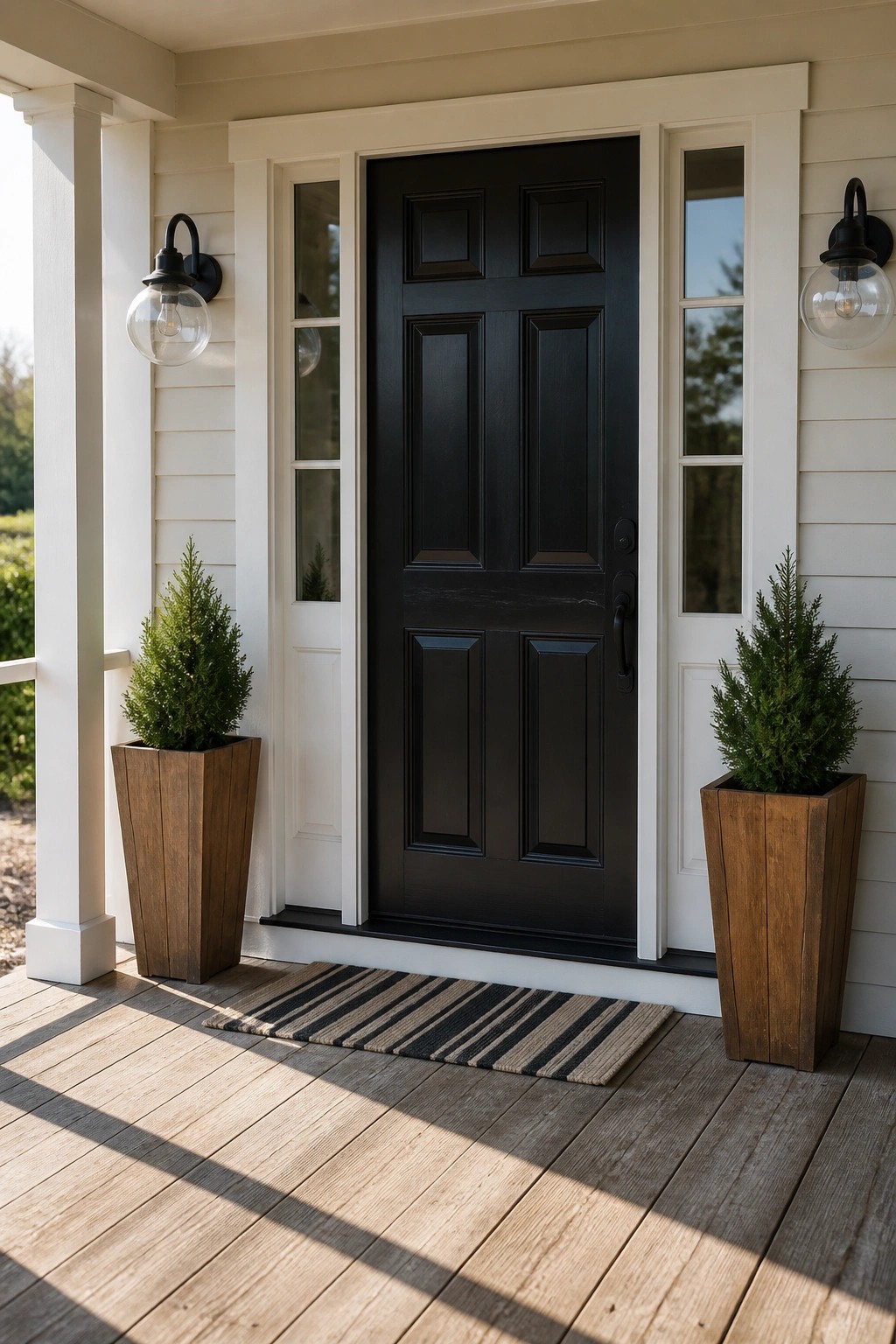 A deep black front door with white trim on a farmhouse porch.