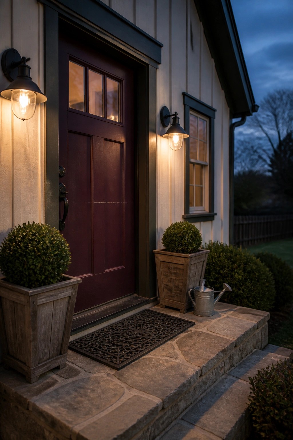 A farmhouse front door painted deep burgundy beside light siding and stone steps.
