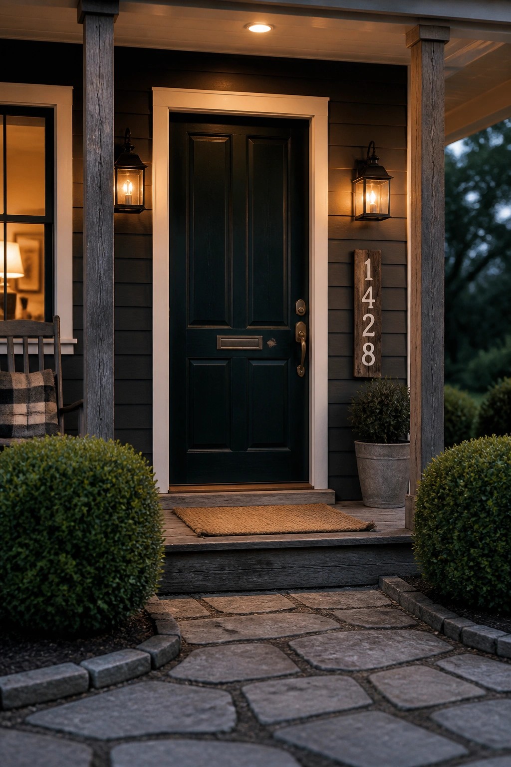 Dark green front door on a gray farmhouse exterior with a stone walkway.