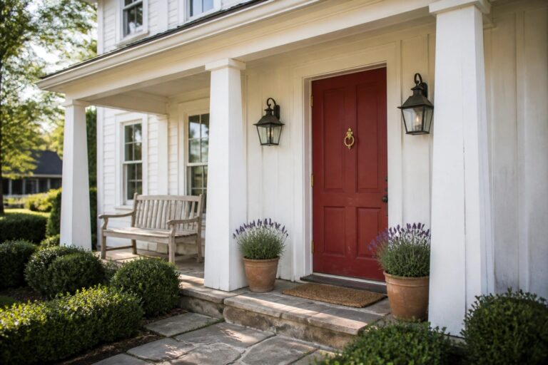 21 Front Door Colors for Farmhouse Exteriors That Add Instant Personality White porch with red door, potted lavender plants, stone steps, and pathway.