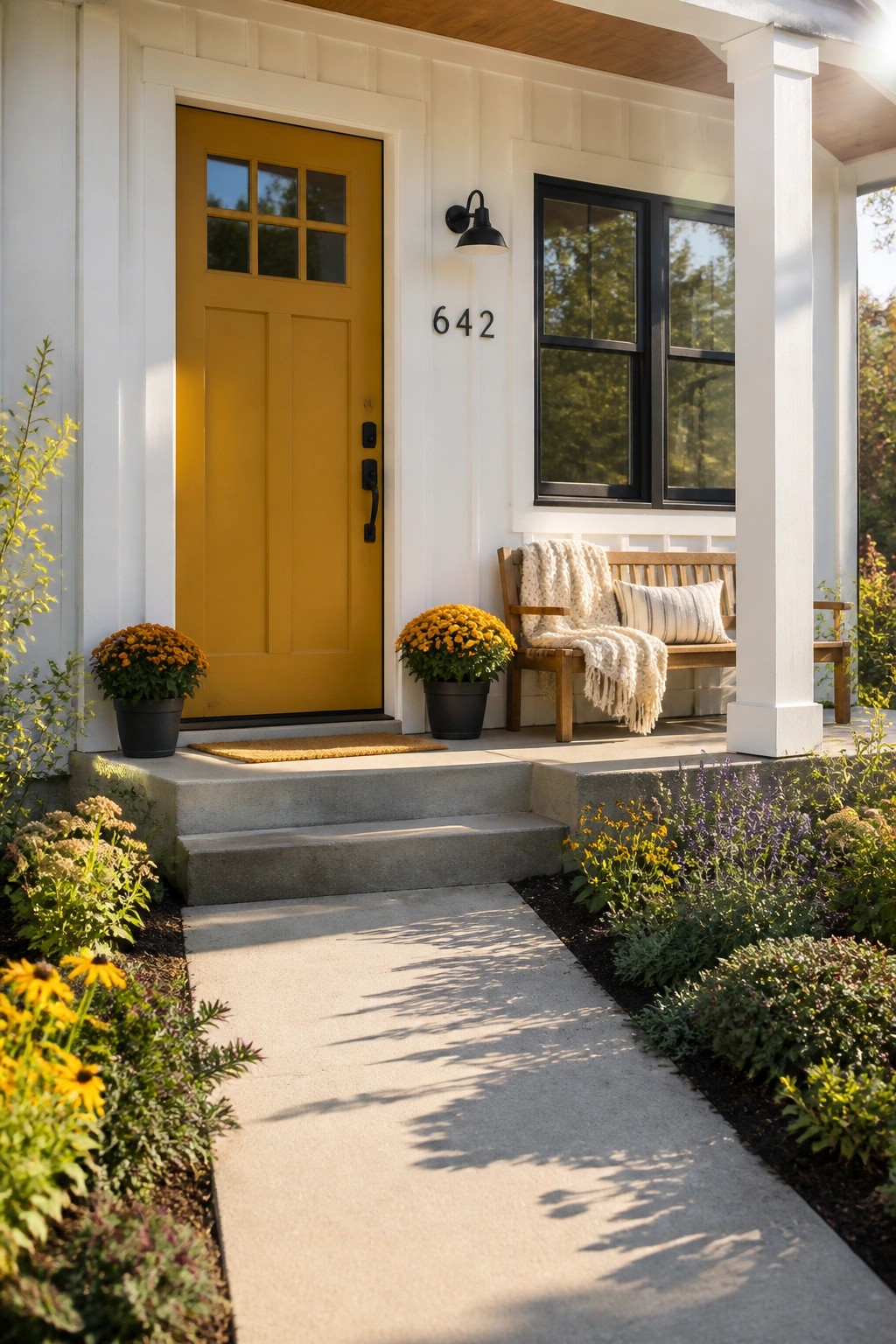 A golden yellow front door on a white farmhouse exterior.