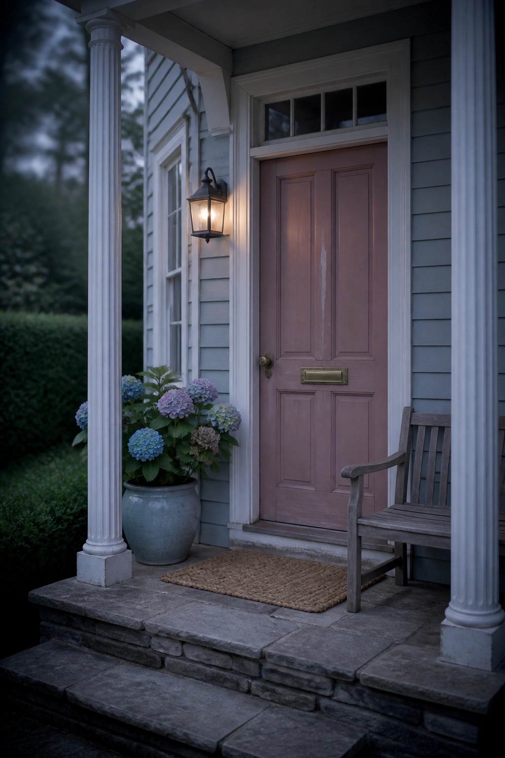 Pink door on blue house porch with lit lantern, potted hydrangeas, and bench at dusk