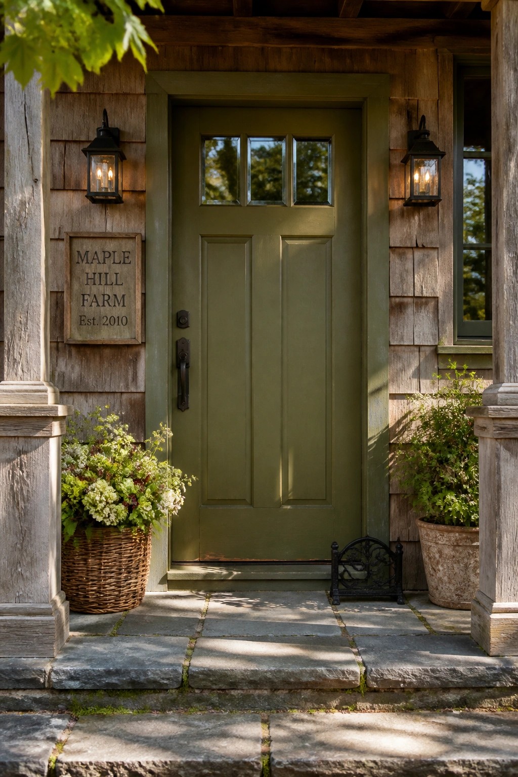 A farmhouse front door painted in muted sage green.