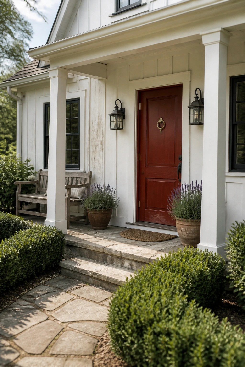 White porch with red door, potted lavender plants, stone steps, and pathway.