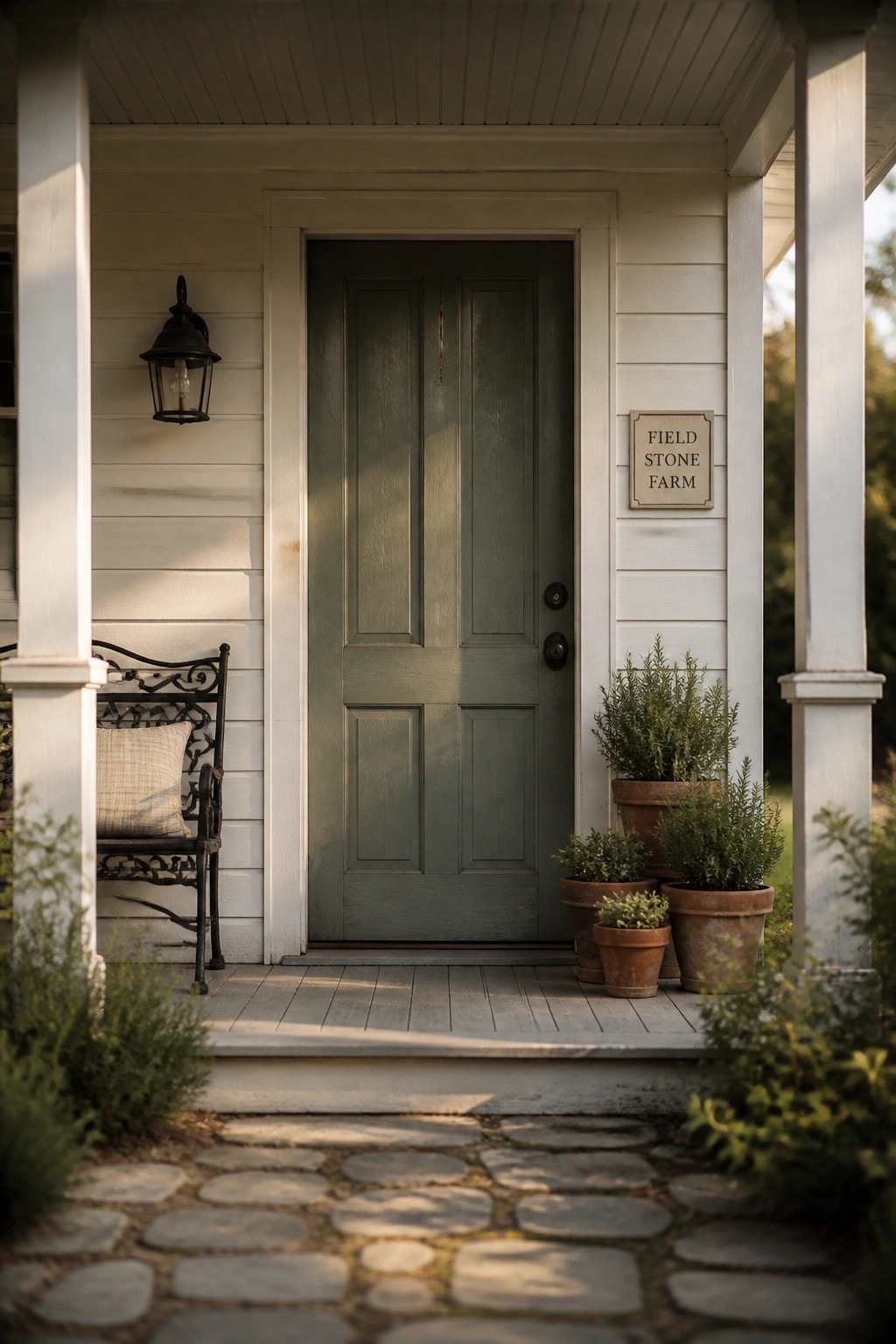 A muted sage green front door on a white farmhouse exterior.