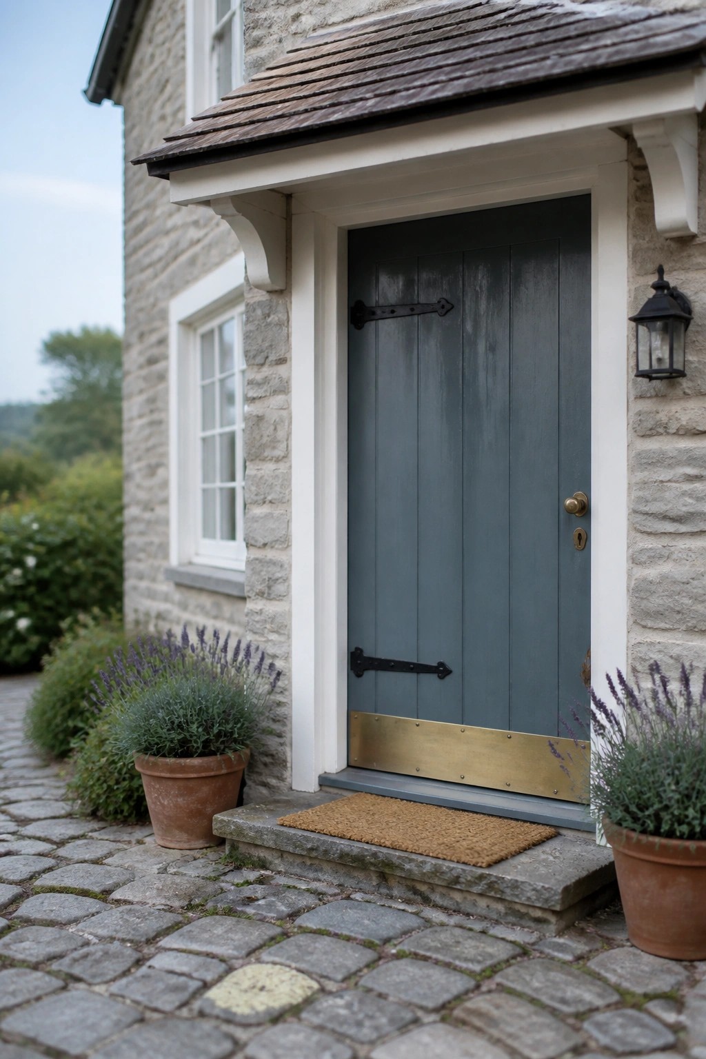 A slate blue front door on a stone farmhouse entrance.