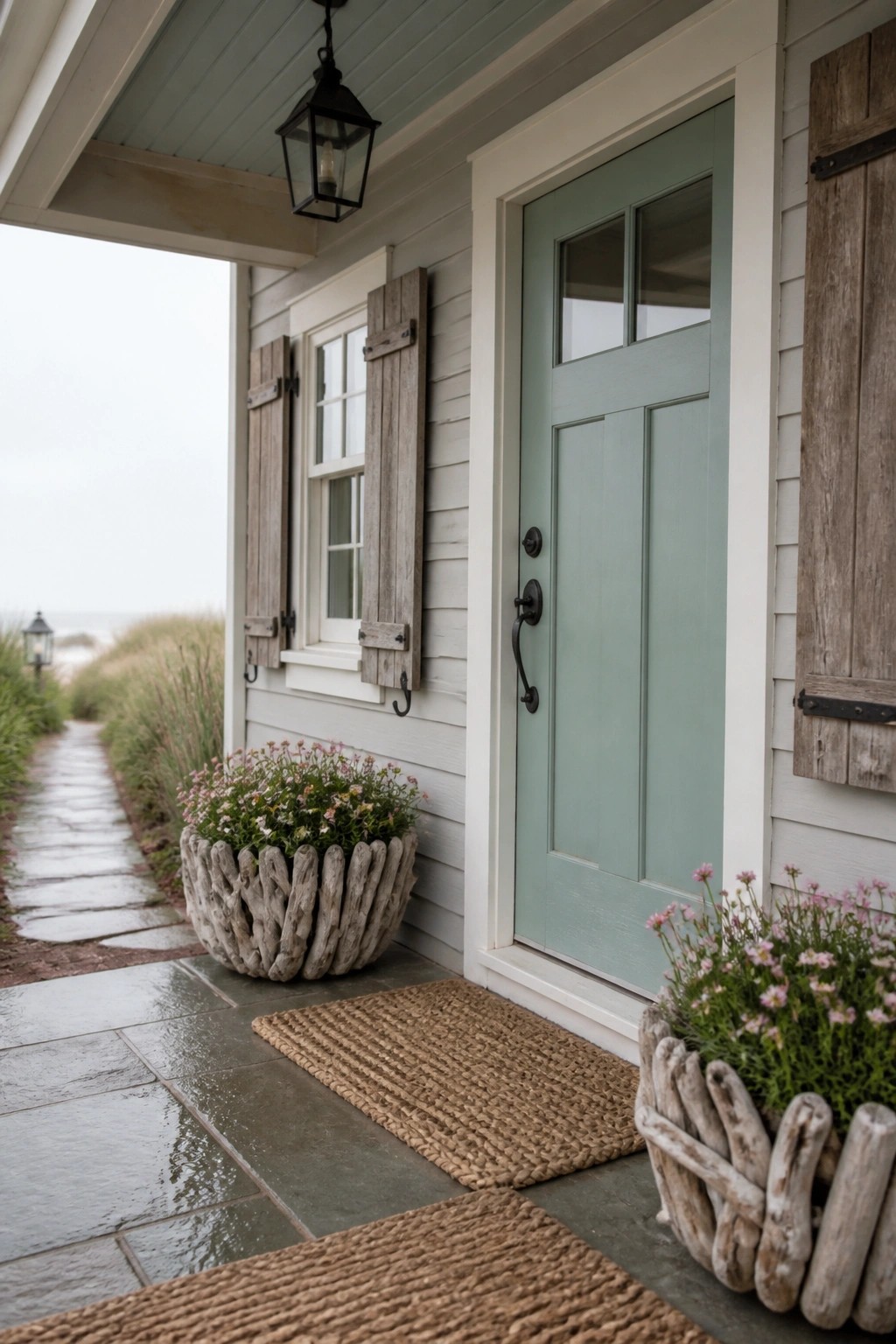 A soft sage green front door on a light-colored farmhouse exterior.