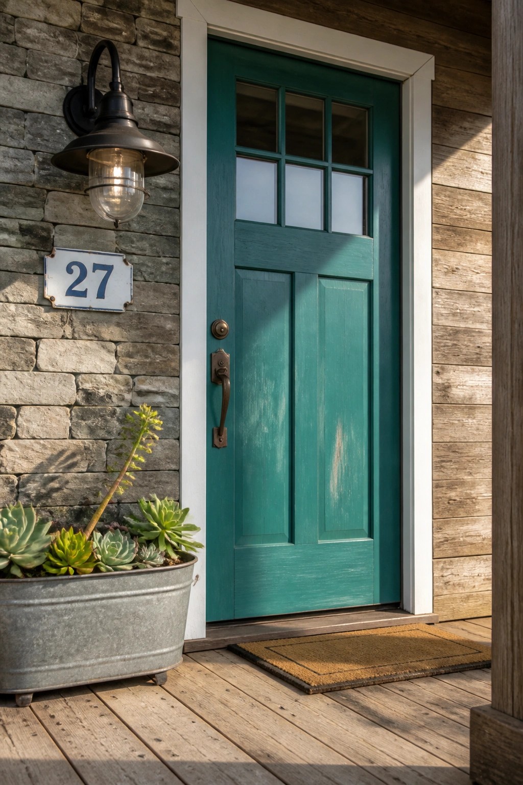 A teal front door on a farmhouse with stone and wood siding.