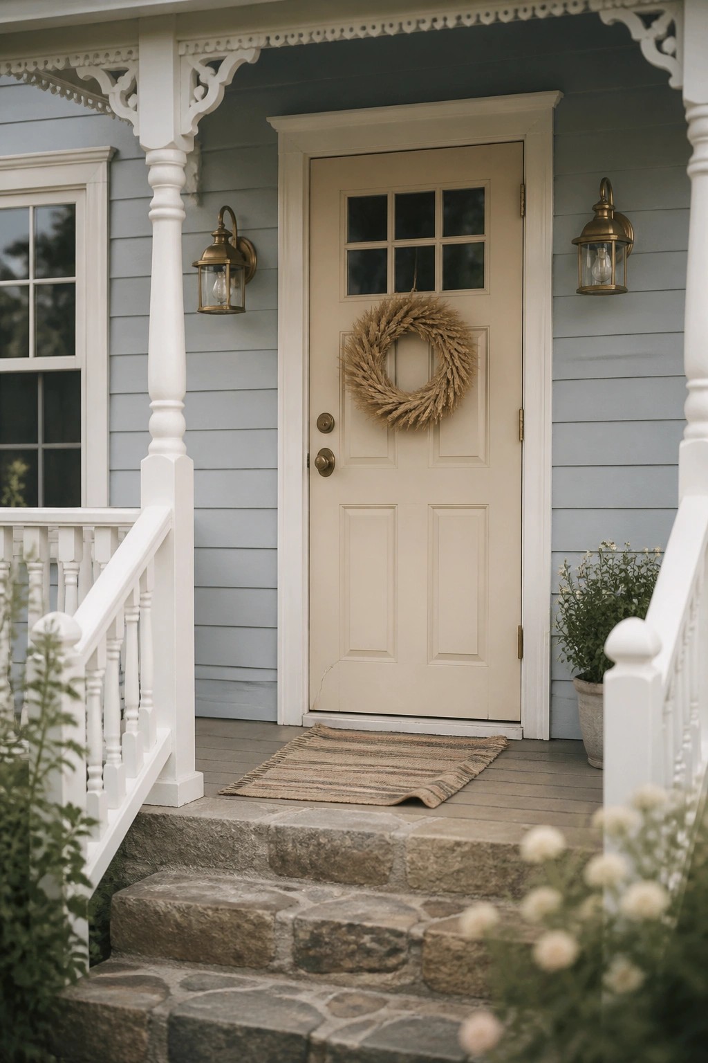 Beige door with wheat wreath on light blue porch with stone steps and lanterns