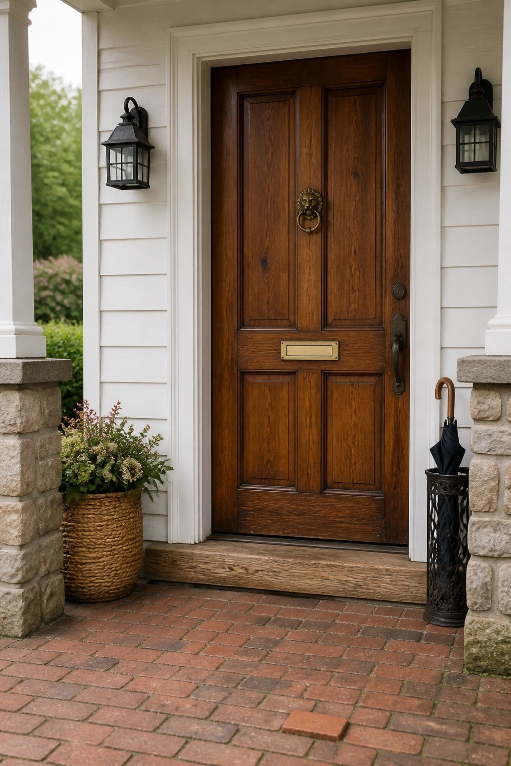 A dark brown front door on a white farmhouse with stone accents.