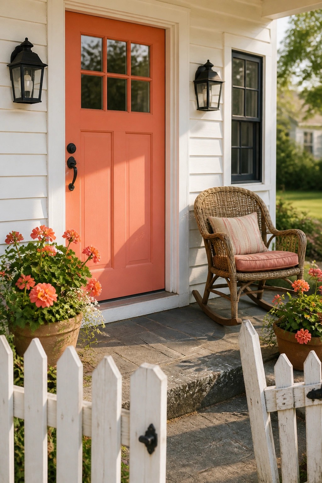 A coral front door on a white farmhouse exterior.