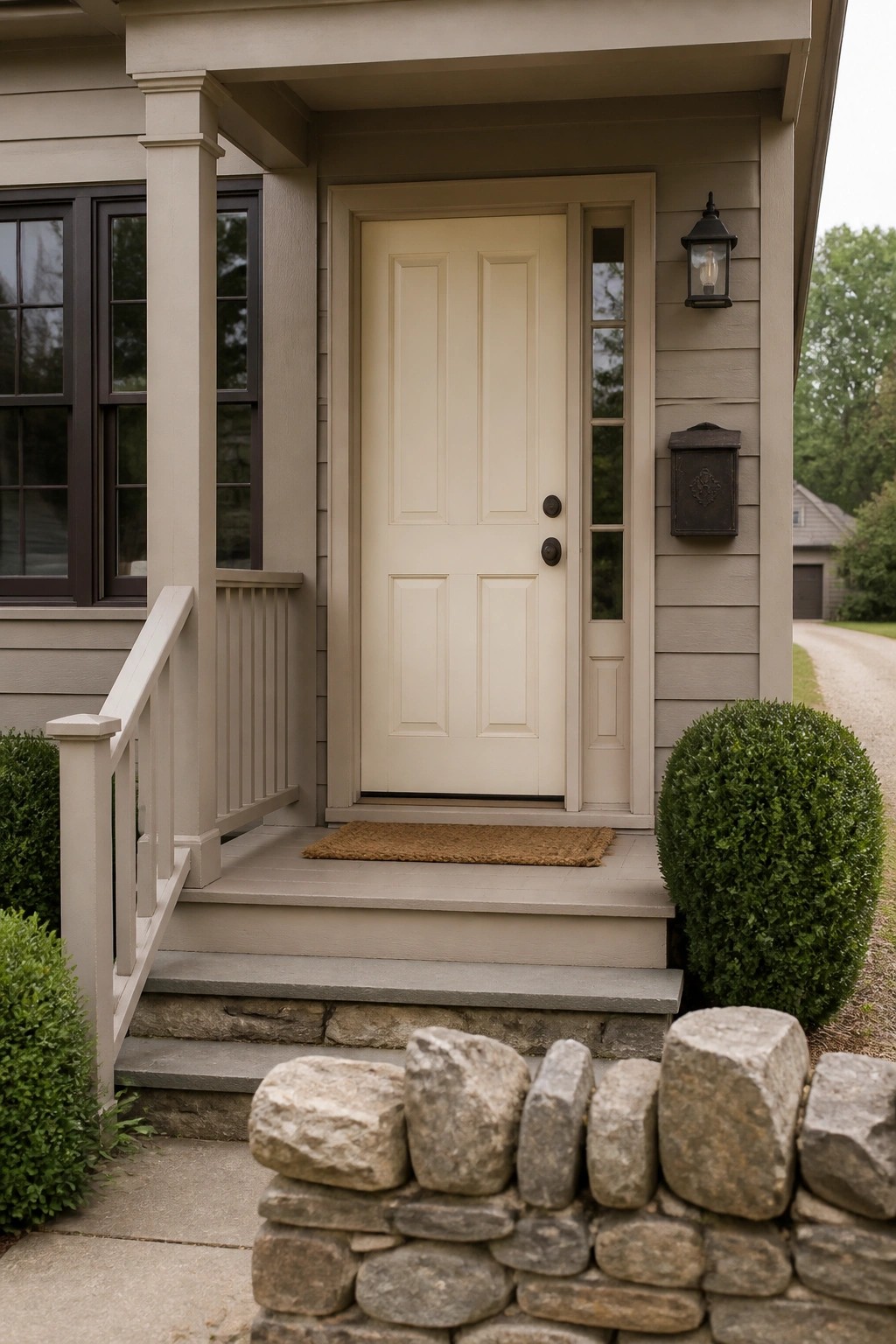 Cream front door on beige house porch with doormat, lantern, and stone wall