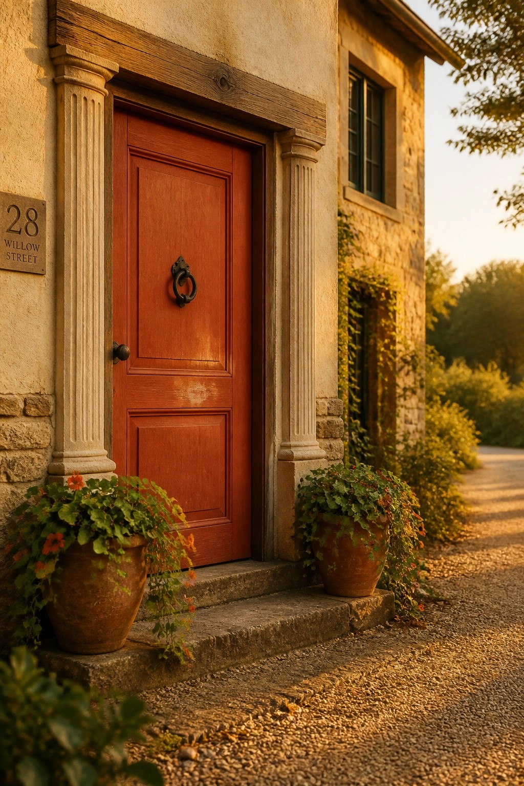A red wooden front door set into a stone farmhouse entrance.