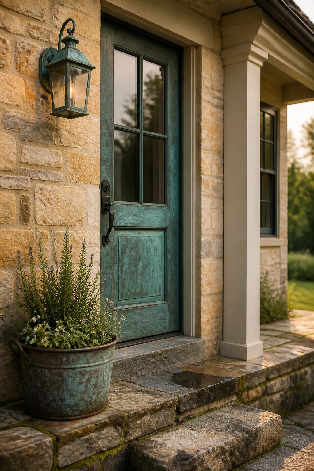 A weathered teal front door on a stone farmhouse exterior.