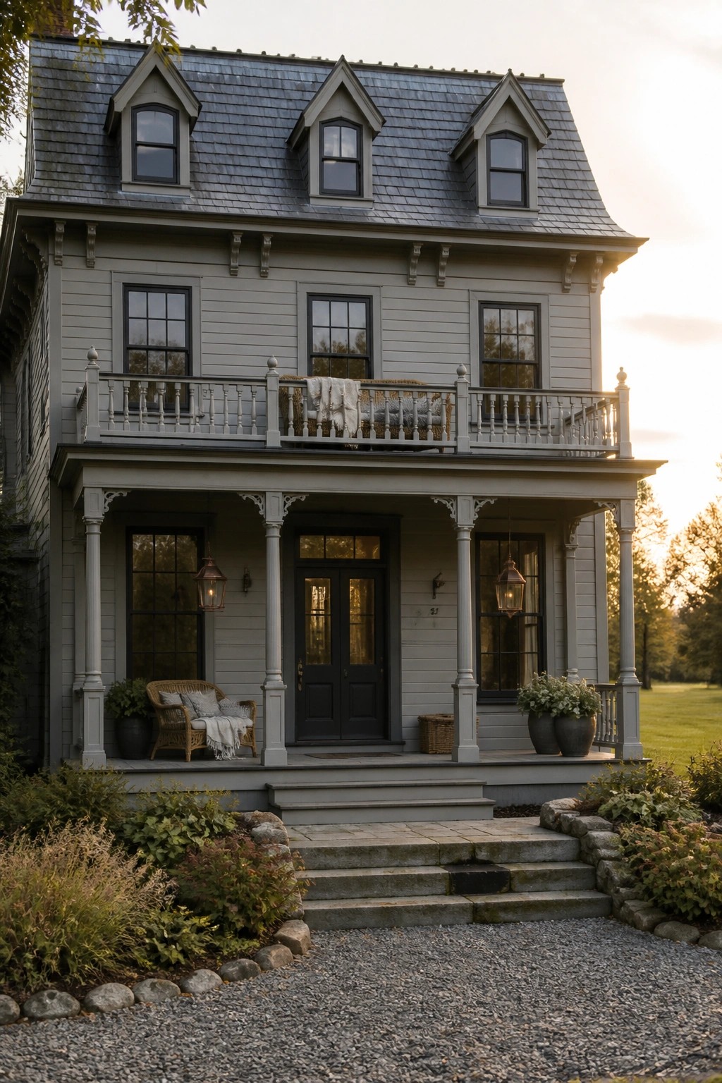 Gray two-story house with wraparound porch, balcony, dormers, and stone steps.
