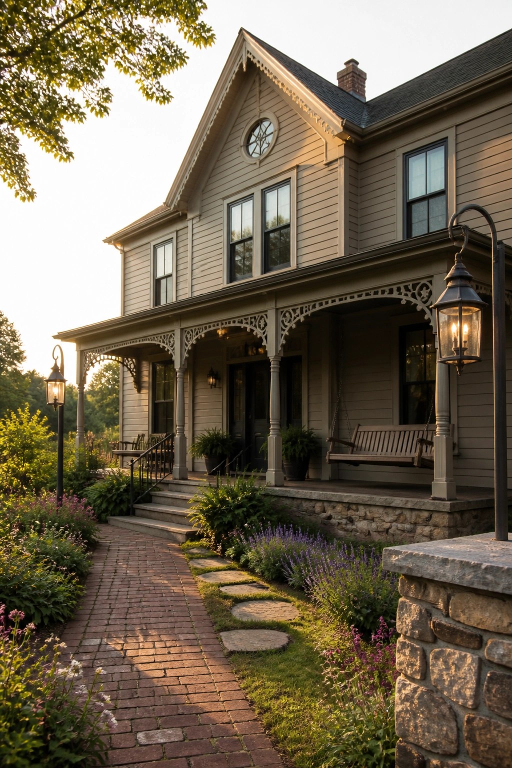 A gray Victorian farmhouse exterior with a front porch featuring a wooden swing, decorative white trim, stone foundation, and a brick pathway lined with flowers and plants.