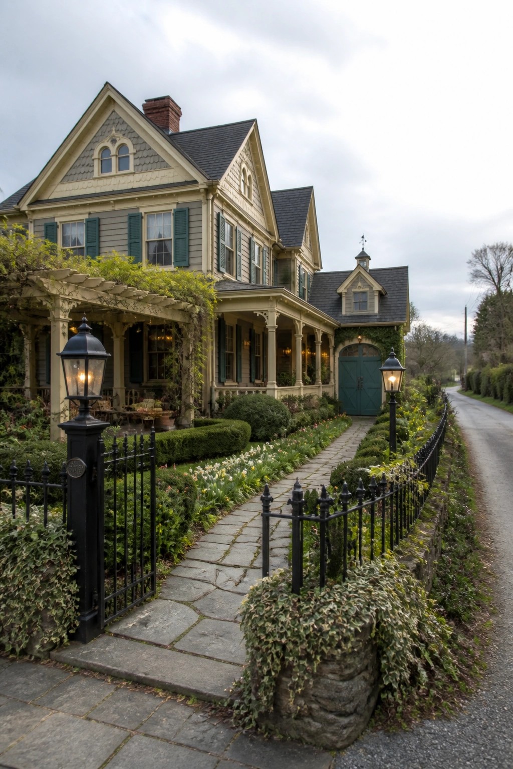 A Victorian farmhouse exterior with a stone pathway bordered by a black metal fence and lanterns leading to a covered porch with a green door.