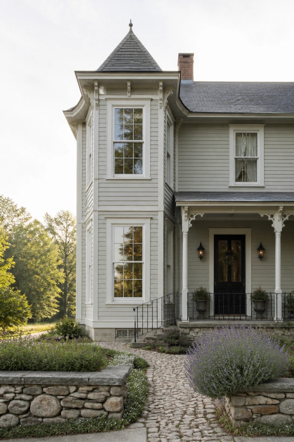 A light gray Victorian farmhouse with a prominent tower, white trim, dark front door, and stone foundation along a cobblestone path.