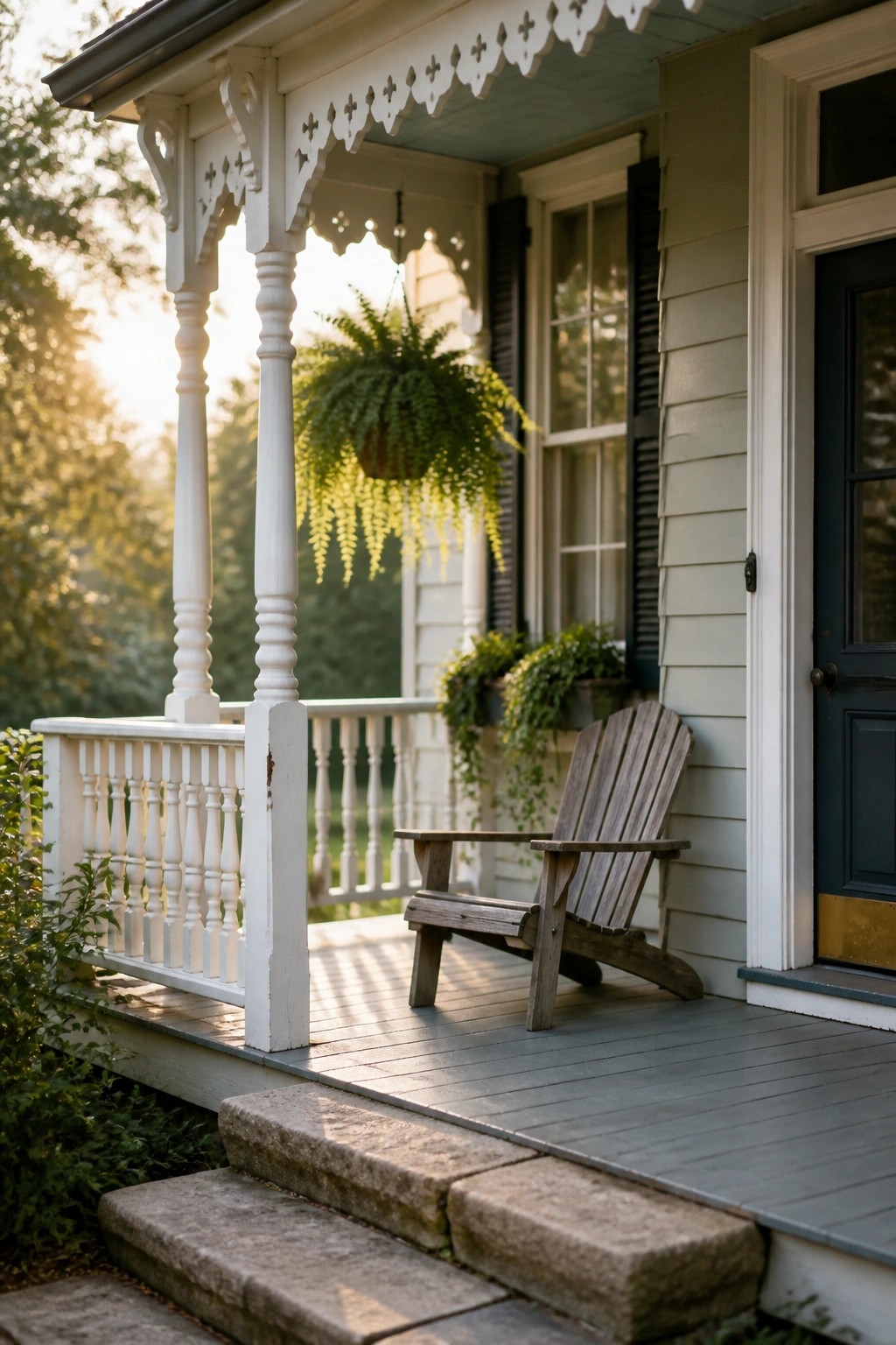 A weathered wooden Adirondack chair rests on the gray porch of a light Victorian farmhouse beside a hanging fern and stone steps.