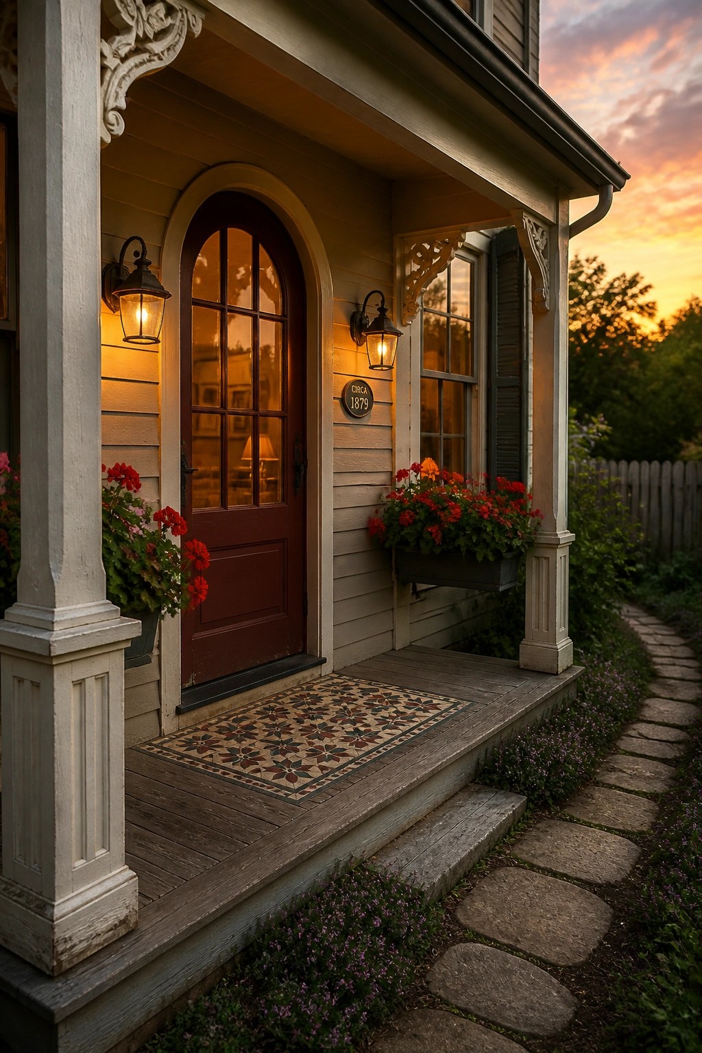 A Victorian farmhouse porch featuring a red arched front door with two black lanterns, flower boxes, and a patterned doormat on wooden steps.