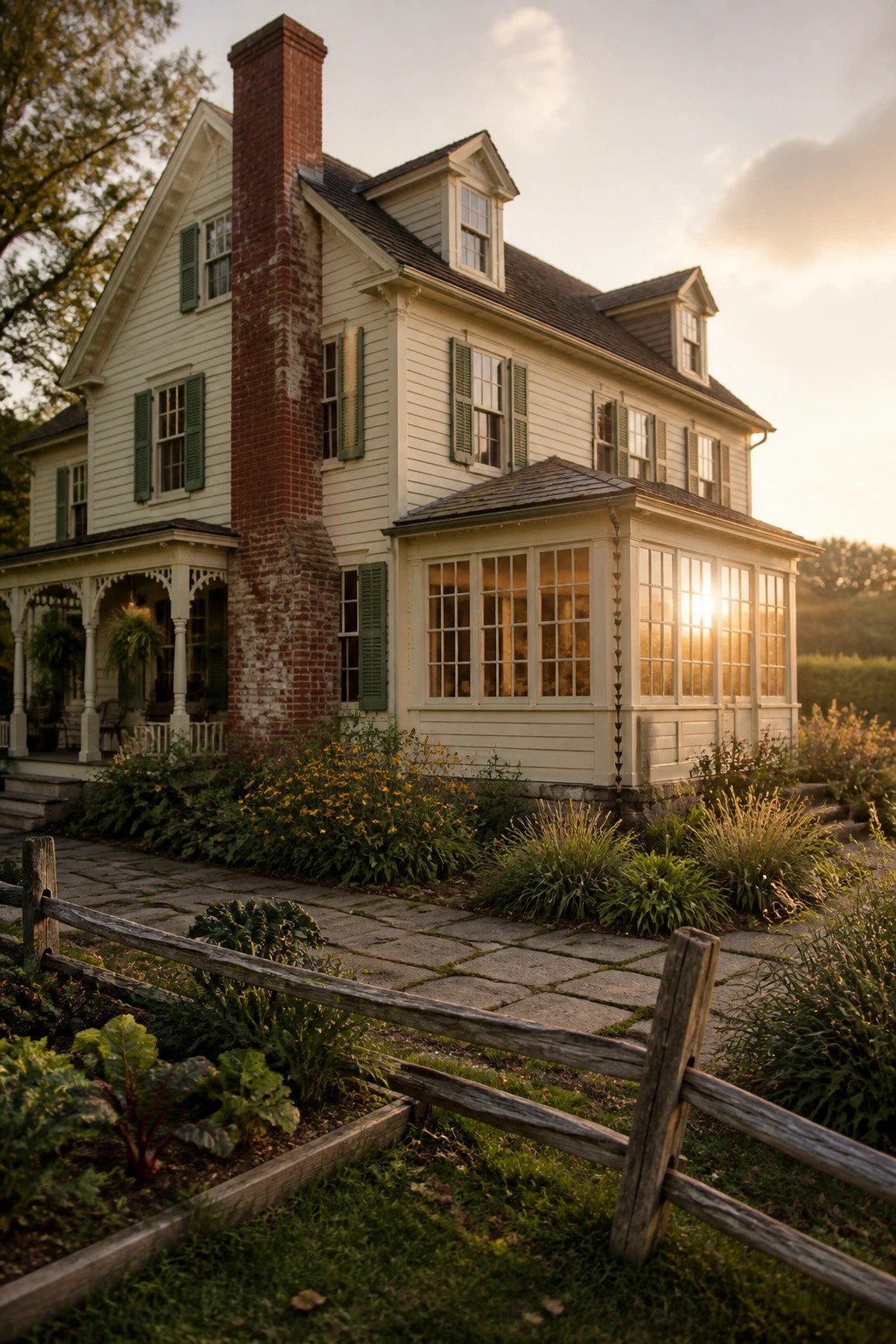 A Victorian farmhouse exterior with light siding, green shutters, a tall weathered brick chimney, and a sunroom addition with large windows.