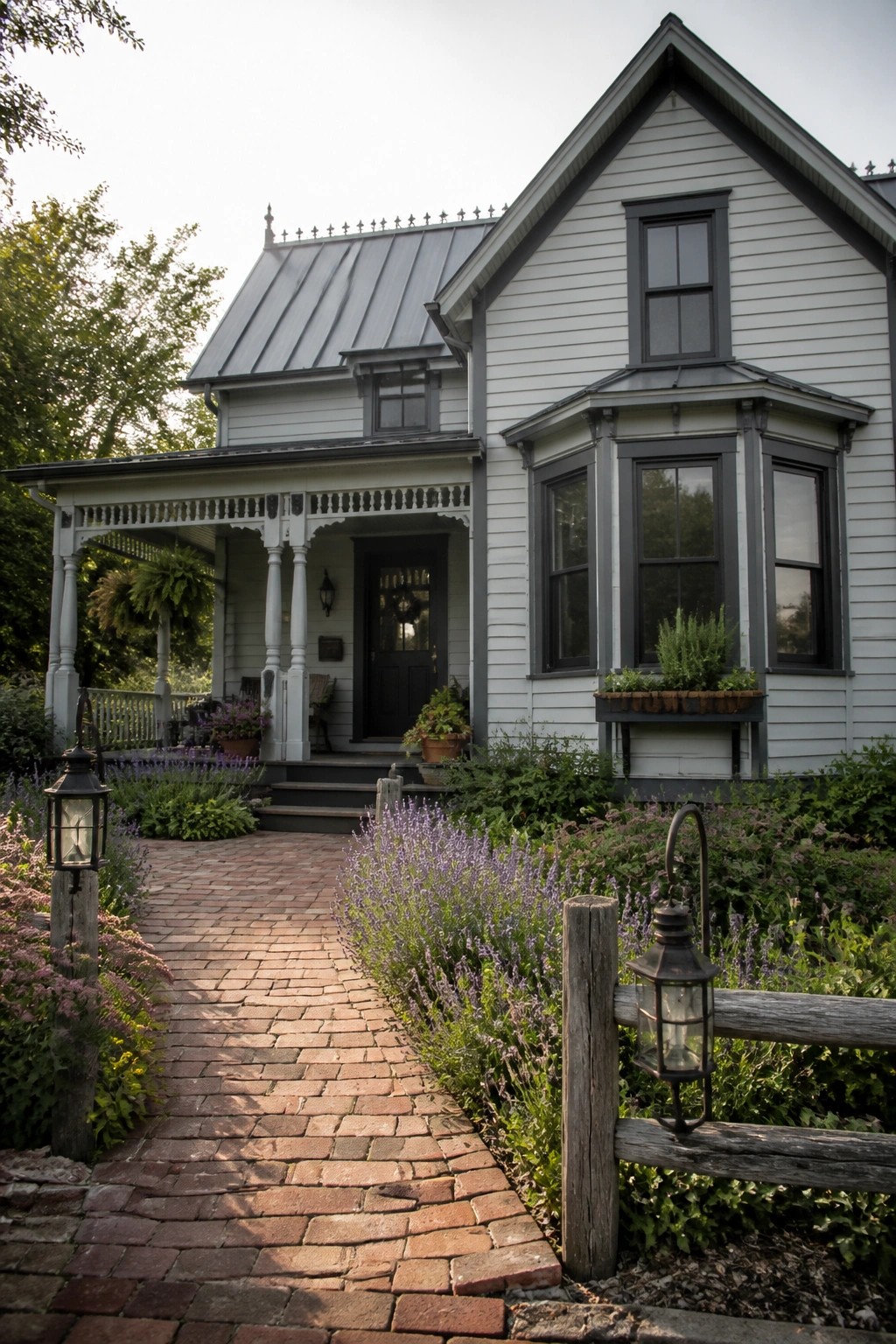 A white Victorian farmhouse exterior with dark trim, a front porch, and a brick pathway bordered by lavender and other garden plants leading to the steps.