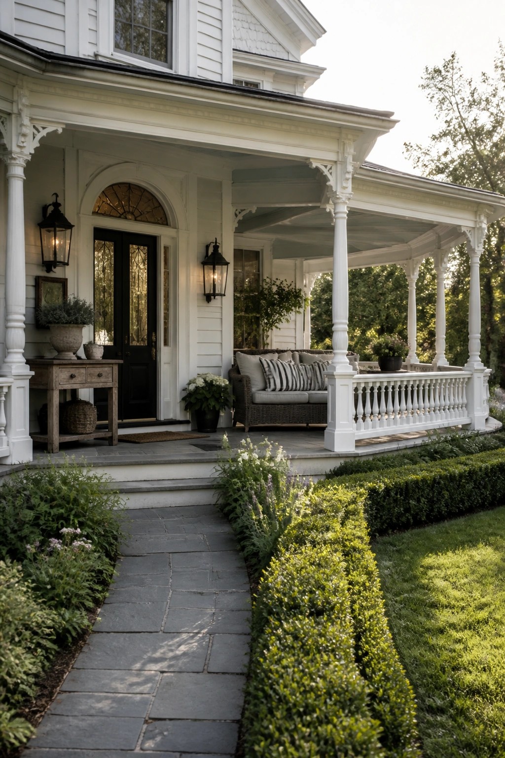 A white Victorian farmhouse exterior with a black front door, arched transom window, white porch columns, and a stone pathway bordered by hedges.