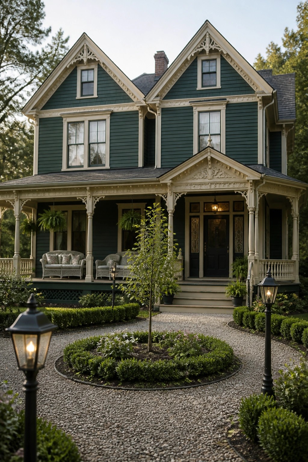 Elegant two-story Victorian house with green siding and circular gravel garden driveway
