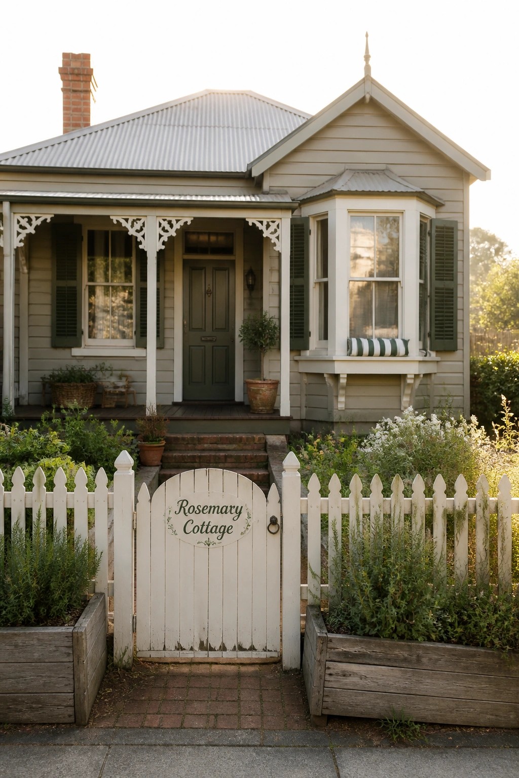 A light-colored Victorian farmhouse with a white picket fence and gate at the front, brick path, and garden beds on either side.