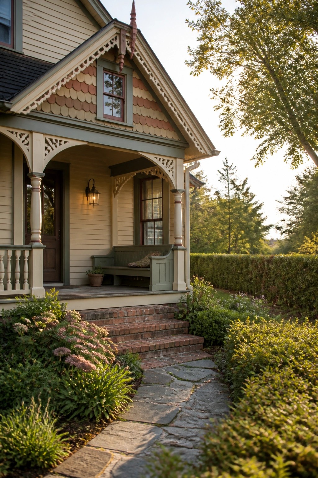 A Victorian-style house exterior with a covered front porch, decorative trim, brick steps, and a stone pathway bordered by greenery.