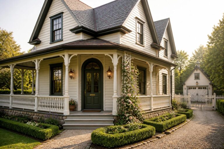 20 Stunning Victorian Farmhouse Exterior Ideas You’ll Want To Copy A cream Victorian farmhouse with a wraparound porch and green trim, shown with a gravel path lined by low boxwood hedges leading to the front steps.