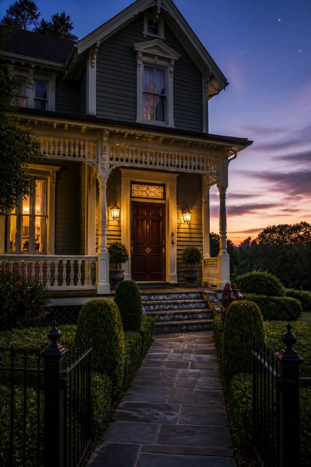 A gray Victorian farmhouse at dusk with a front porch, wooden door, and two lit lanterns mounted on either side of the entrance, along with a stone pathway leading to the steps.