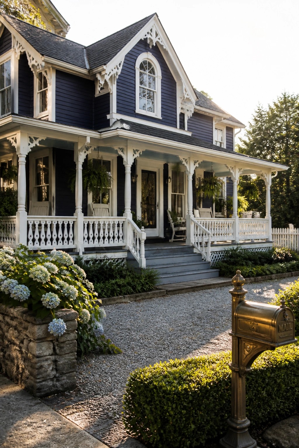 A Victorian farmhouse with dark blue siding, white decorative trim, a front porch with steps, and a stone foundation beside a gravel driveway.