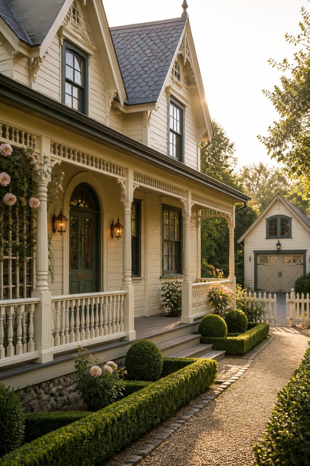A cream Victorian farmhouse with a wraparound porch and green trim, shown with a gravel path lined by low boxwood hedges leading to the front steps.
