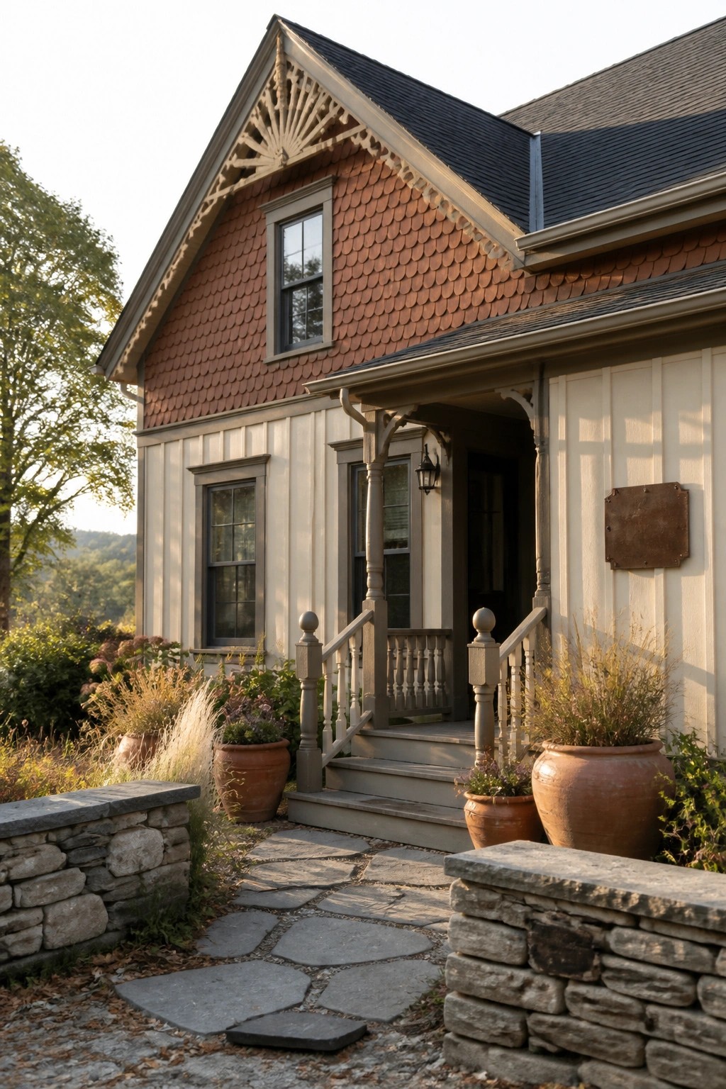 A Victorian farmhouse exterior features red fish-scale shingles on the upper gable above light horizontal siding, with a gray-trimmed porch, steps, and large terracotta pots beside the entrance.